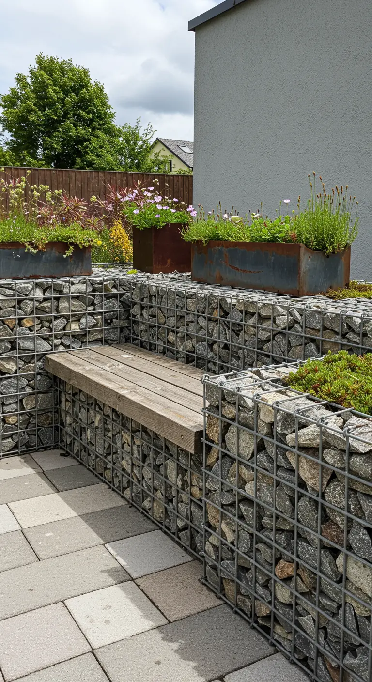 Banc intégré dans une structure de jardin en gabions remplis de pierres