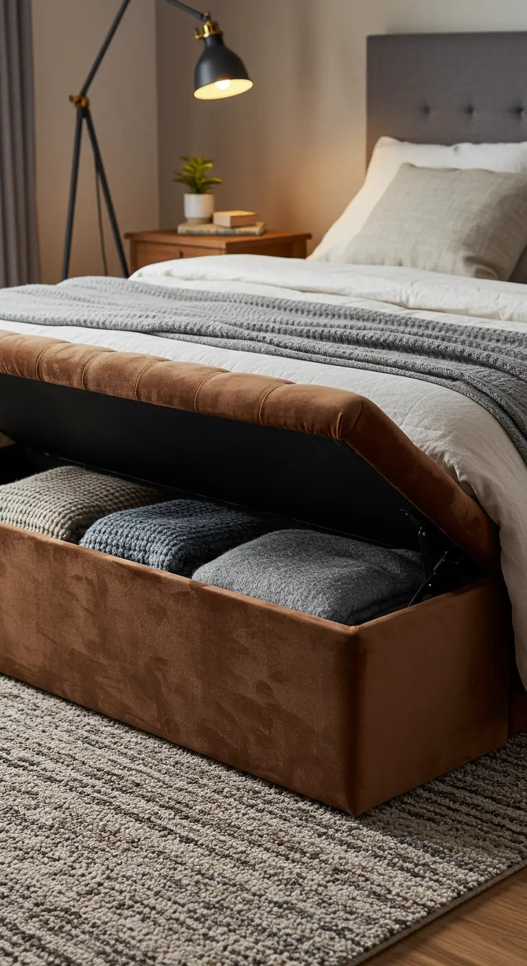 Banc de lit coffre en velours marron, ouvert pour révéler des coussins rangés à l'intérieur.