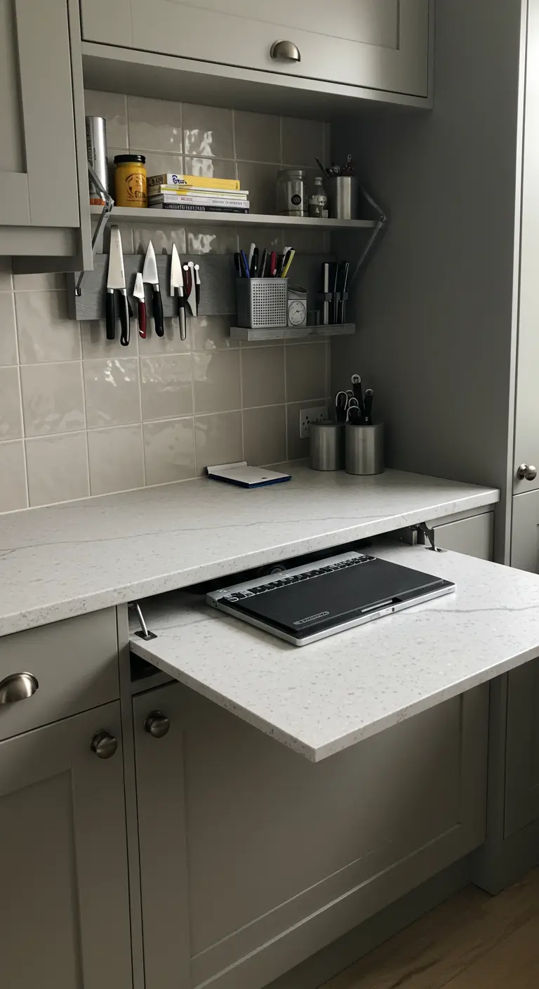 Plan de travail coulissant dissimulé sous un comptoir de cuisine, servant de bureau d'appoint.