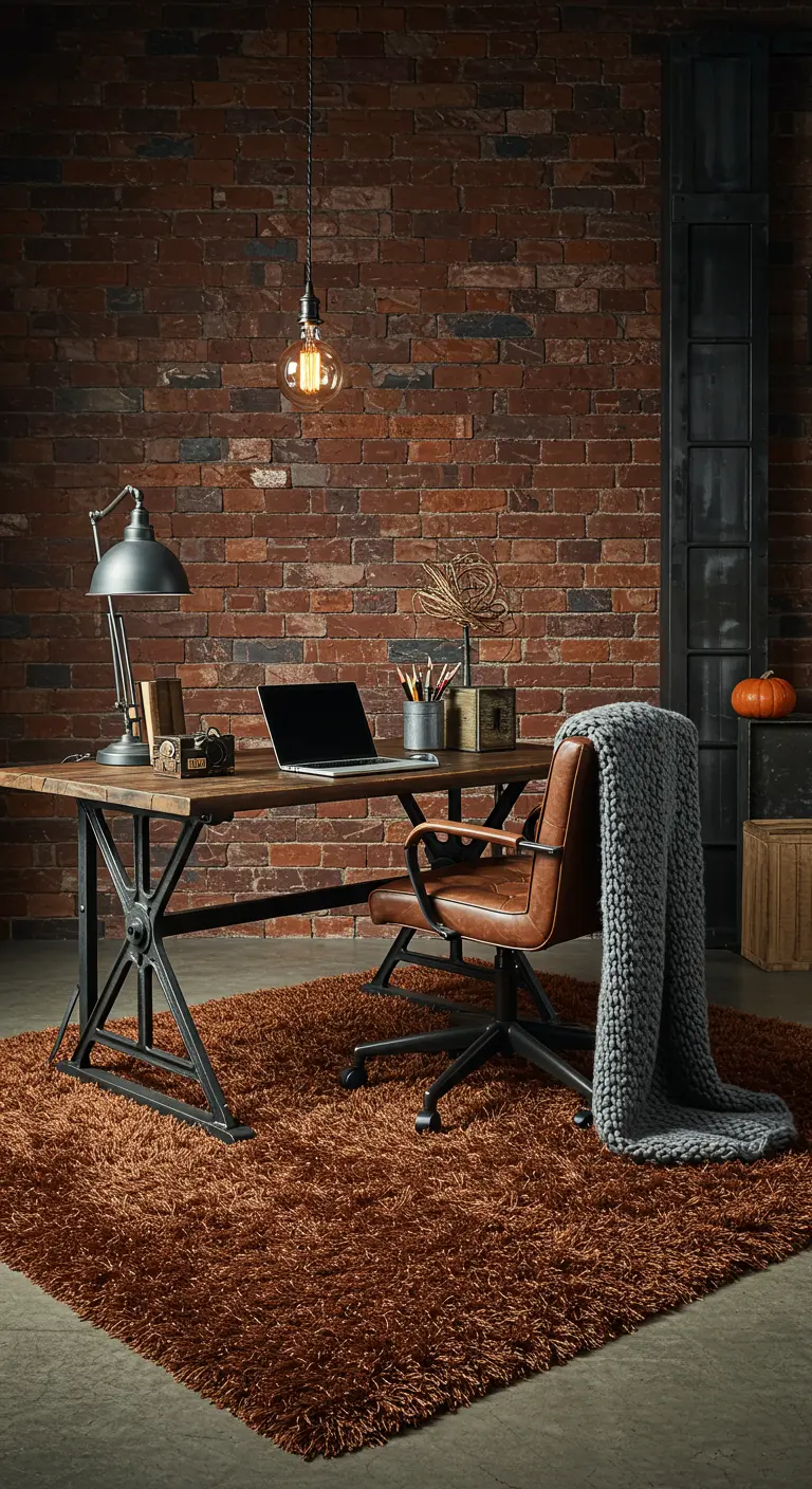Bureau de style industriel devant un mur de briques, avec un tapis shaggy orange brûlé.