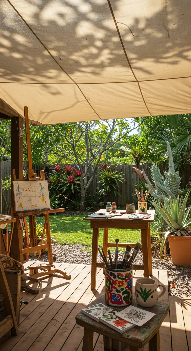 Atelier d'artiste extérieur sous voile d'ombrage avec chevalet, table et plantes exotiques.