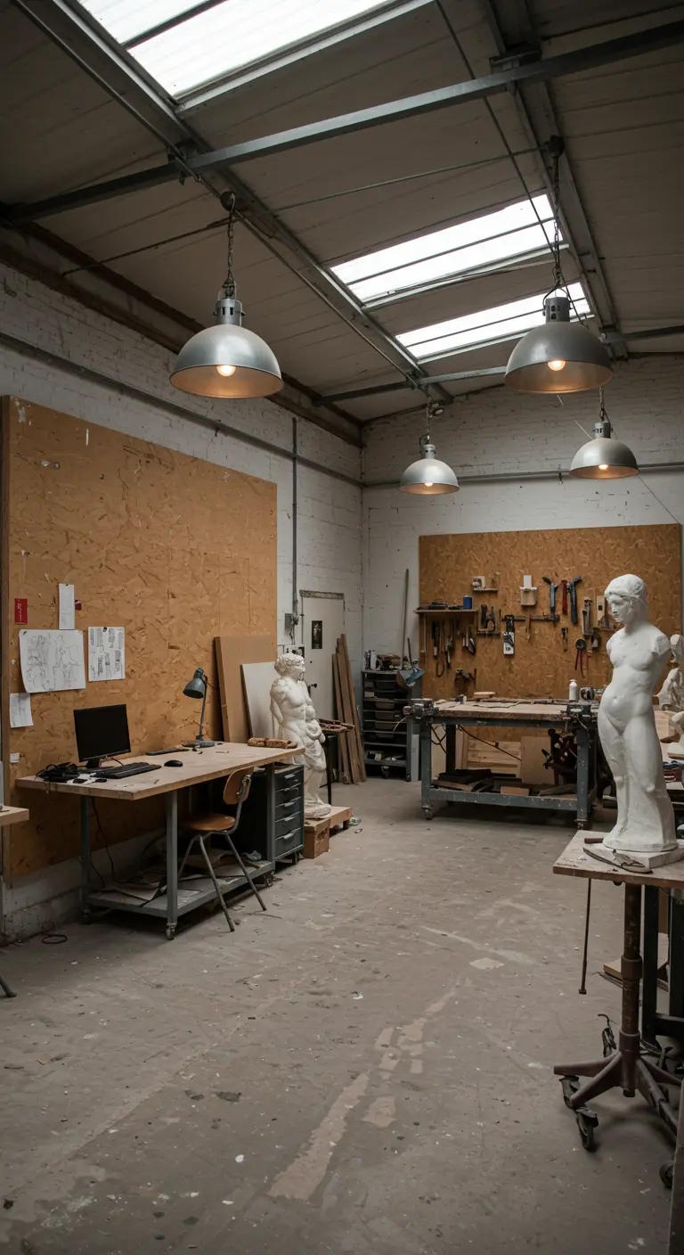 Atelier de sculpteur avec des murs en contreplaqué brut et des outils.