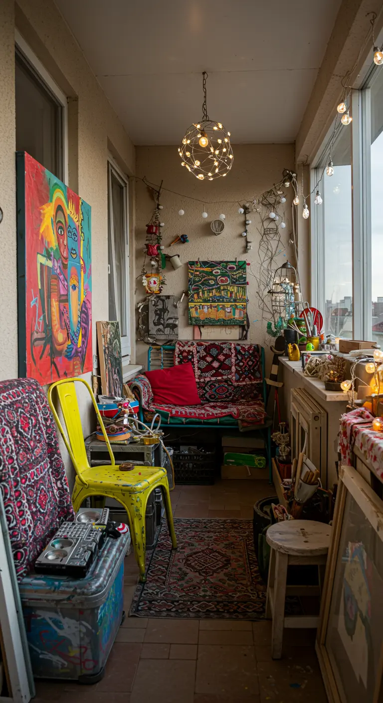 Balcon atelier bohème avec œuvres d'art, meubles récup, guirlandes et objets éclectiques.