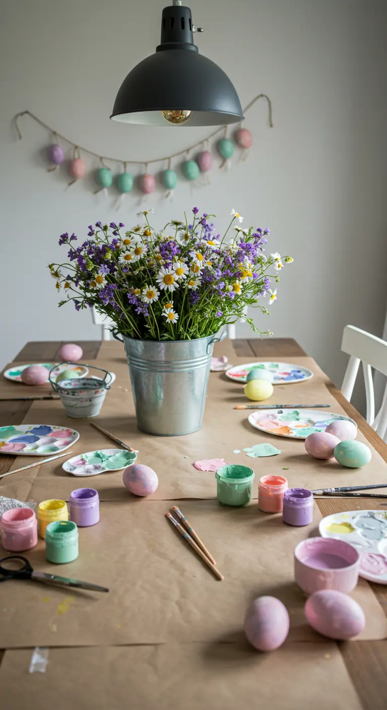 Table de bricolage pour peindre des œufs de Pâques, avec un seau de fleurs au centre.