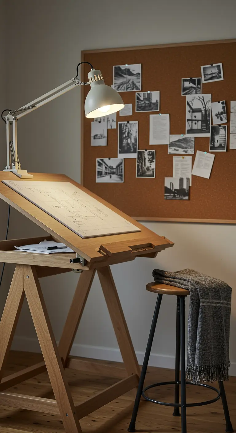 Table à dessin d'architecte en bois avec un grand tableau en liège et un tabouret.