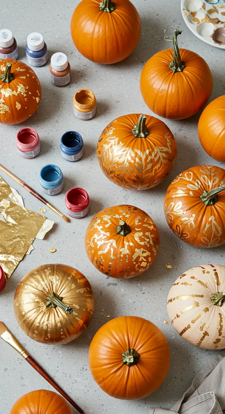 Vue de dessus de citrouilles en cours de décoration avec de la peinture et des feuilles d'or.