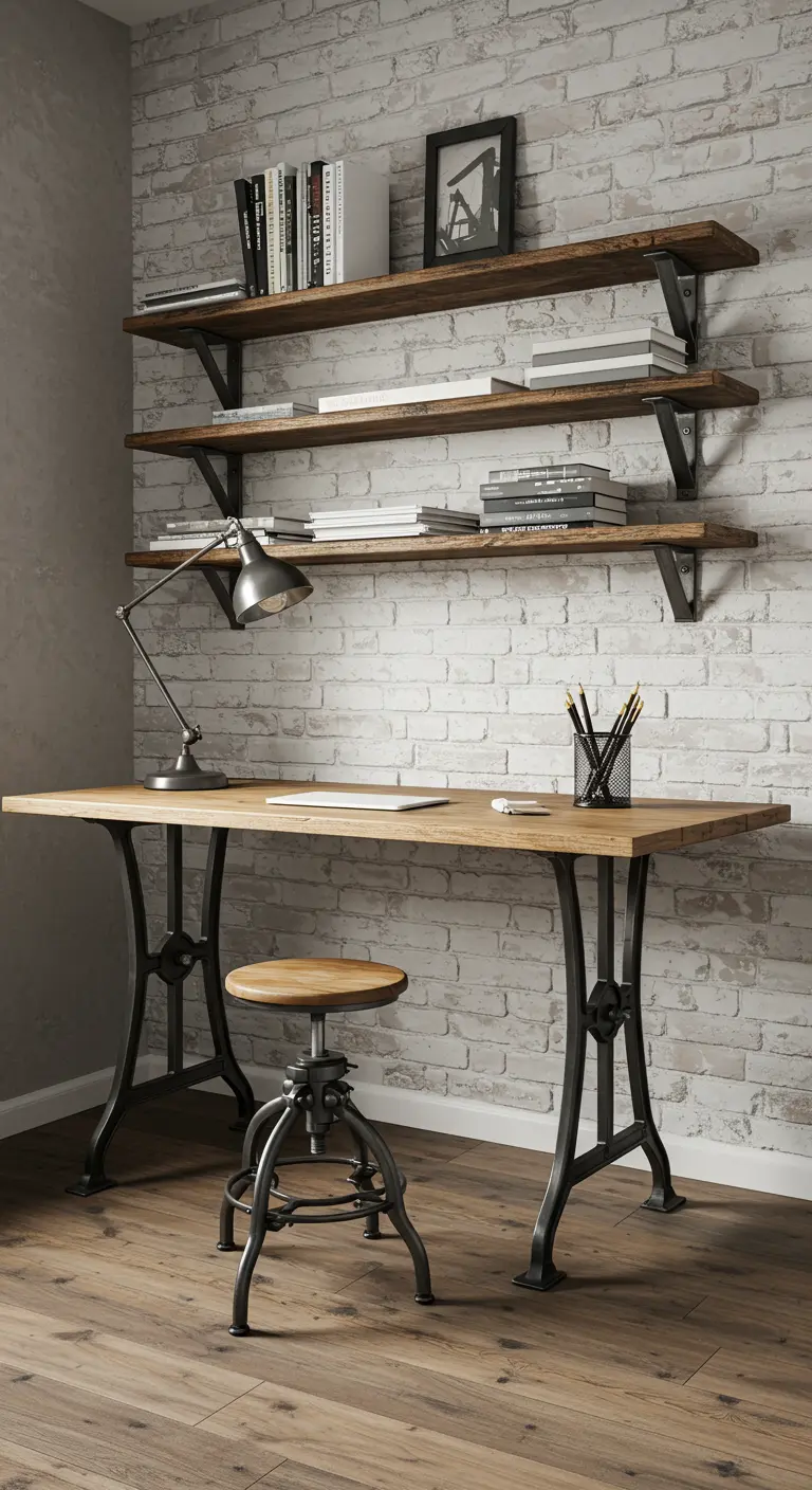 Bureau industriel avec pieds en fonte, tabouret réglable et étagères en bois brut.