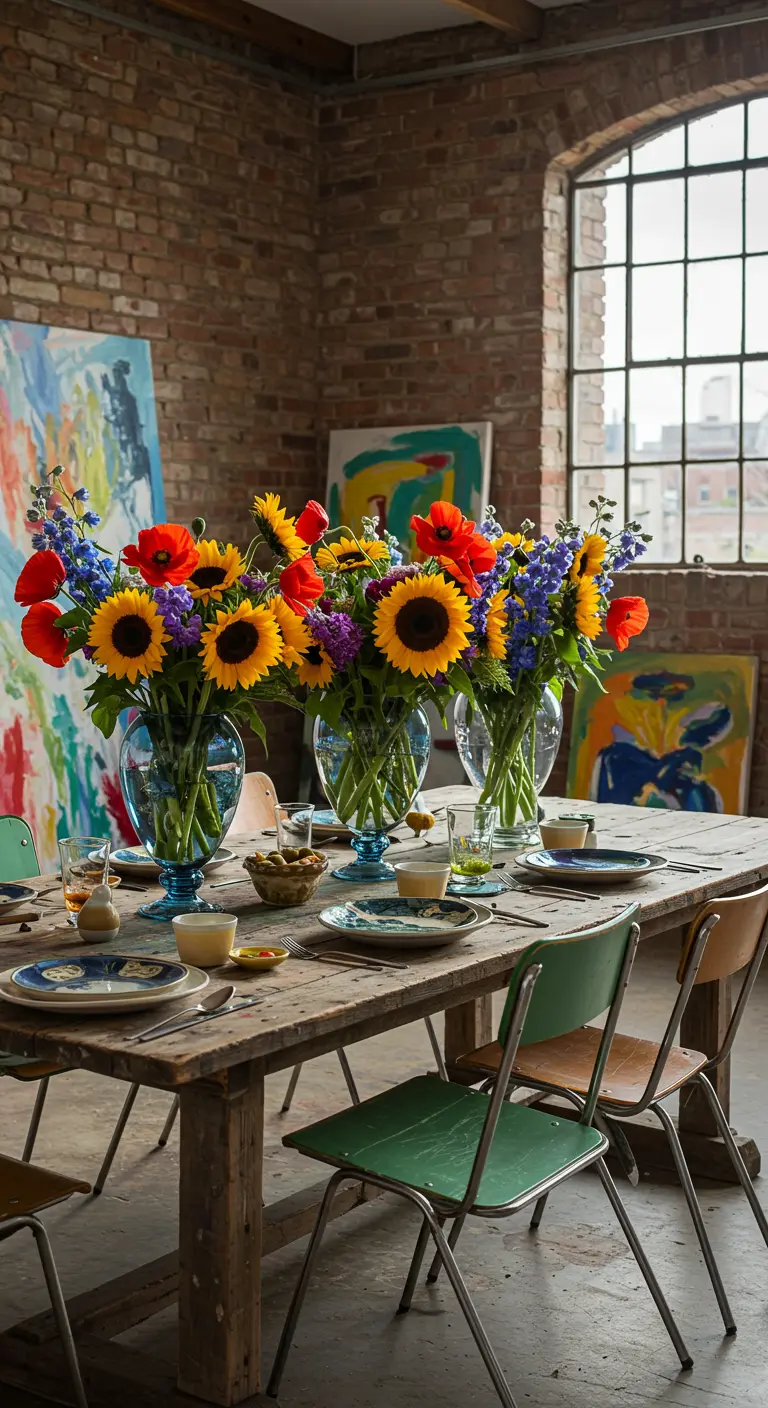 Bouquets vifs de tournesols et coquelicots sur une table dans un loft d'artiste.