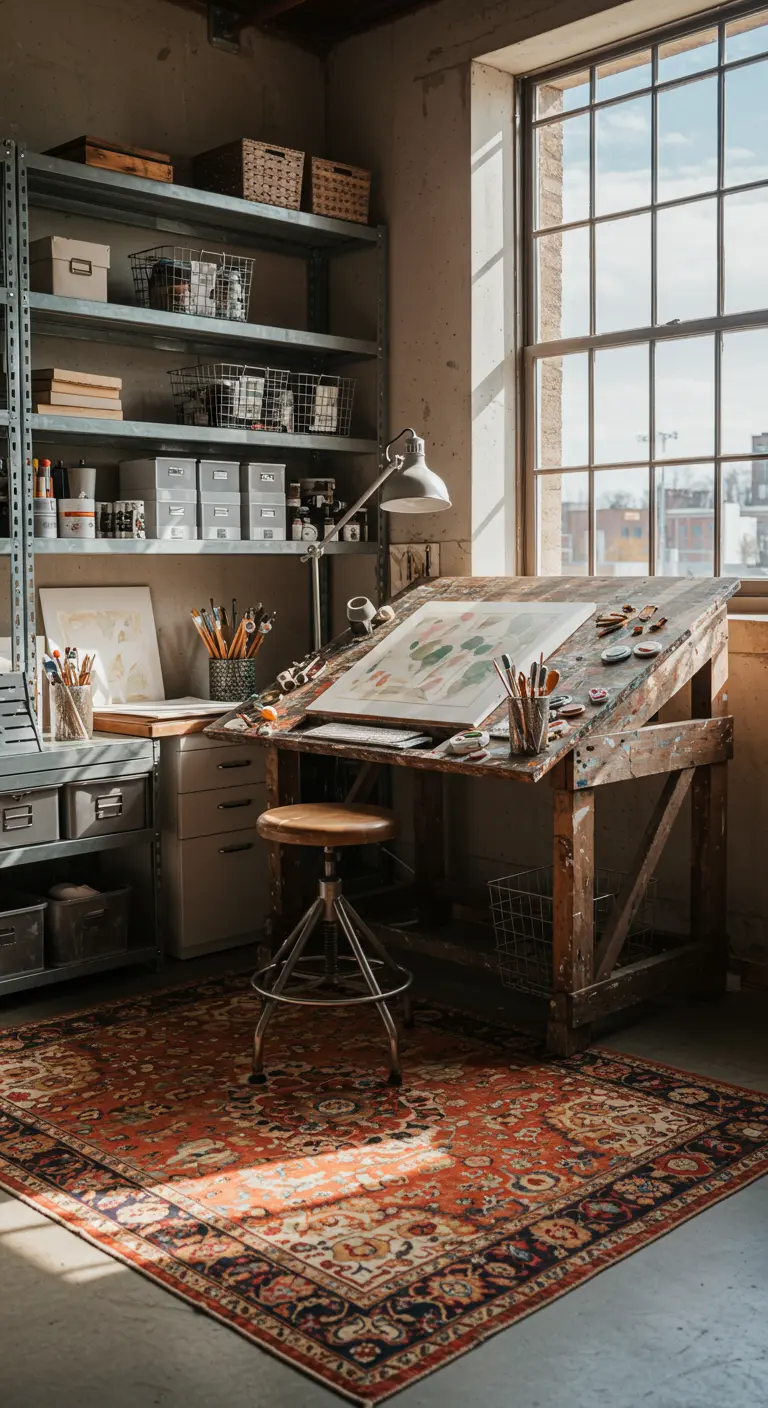 Atelier d'artiste avec table à dessin en bois, étagères métalliques et tapis oriental.
