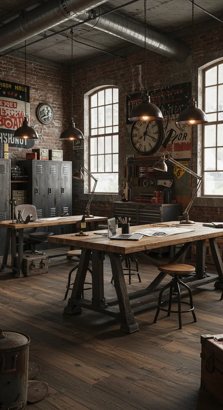 Grand bureau style atelier avec murs en briques, plancher en bois et multiples tables