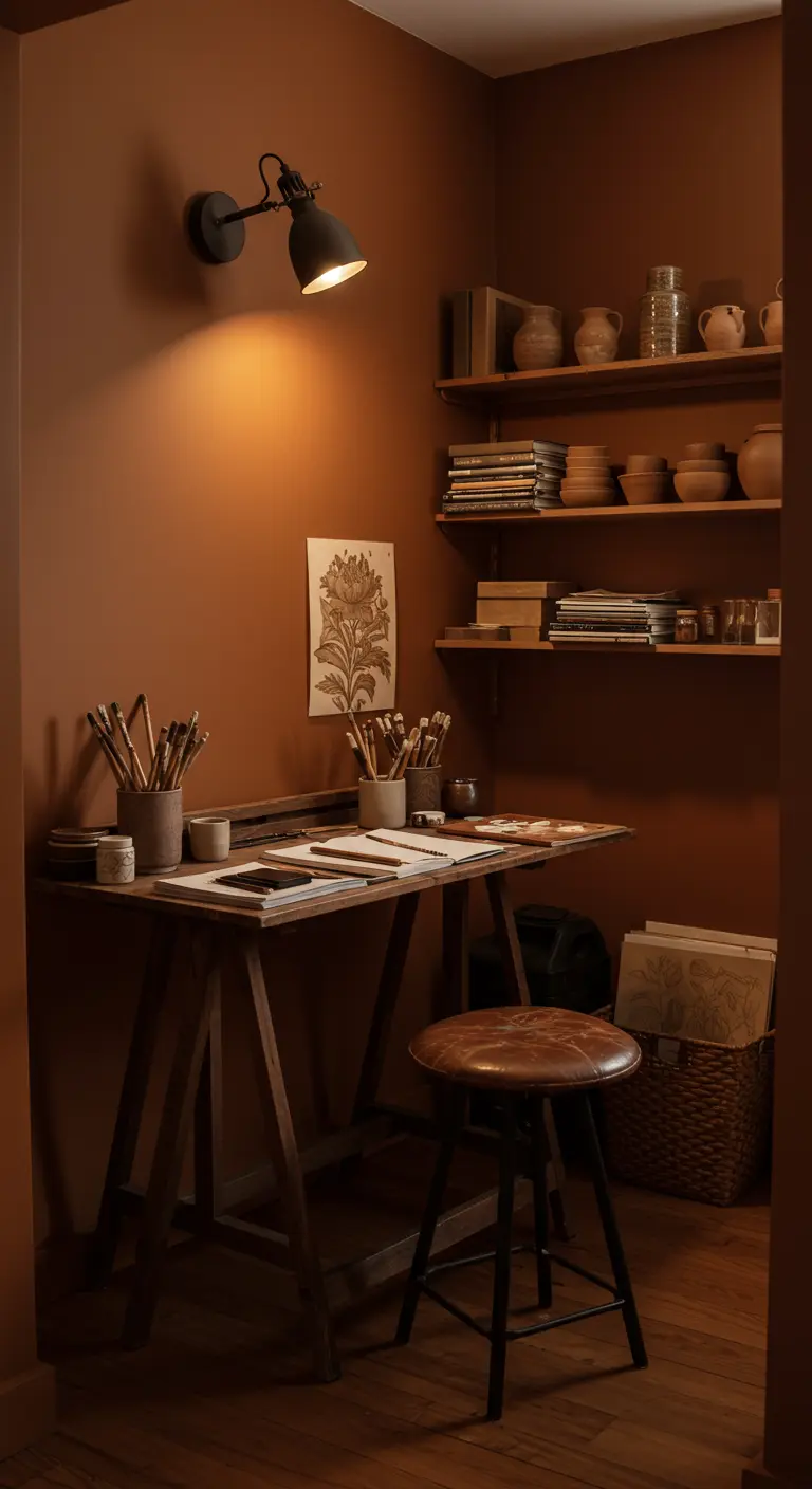 Coin bureau d'artiste avec murs marron, une lampe murale noire et des pots à pinceaux.