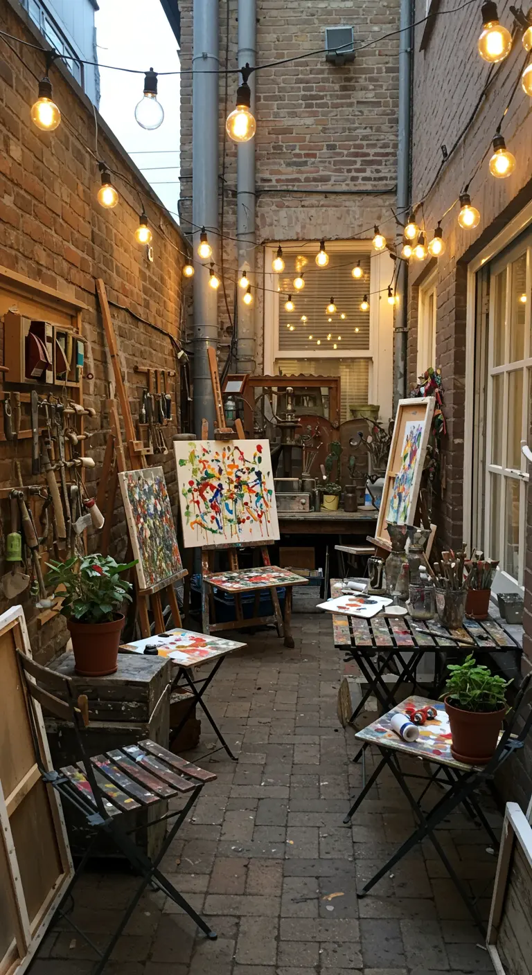 Allée extérieure aménagée en atelier d'artiste avec des toiles, des outils et des guirlandes lumineuses.