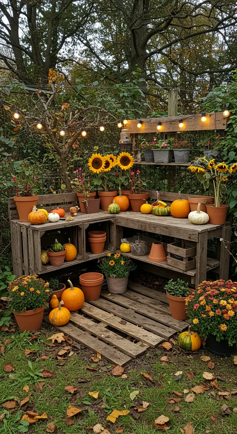 Établi de jardin en palettes décoré de citrouilles, tournesols et pots en automne, avec guirlande.