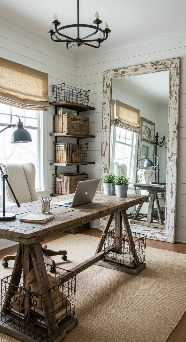 Bureau rustique en bois avec un très grand miroir au cadre vieilli.