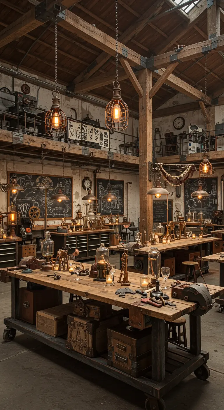 Atelier Steampunk avec longues tables en bois, suspensions industrielles, tableaux noirs et objets mécaniques.