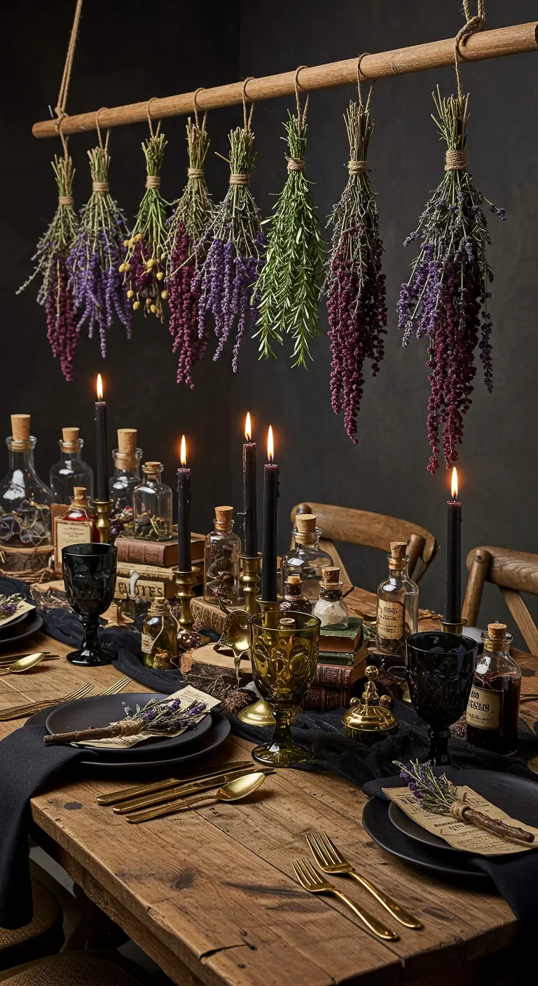Table de sorcière avec des herbes séchées suspendues au-dessus et des fioles.
