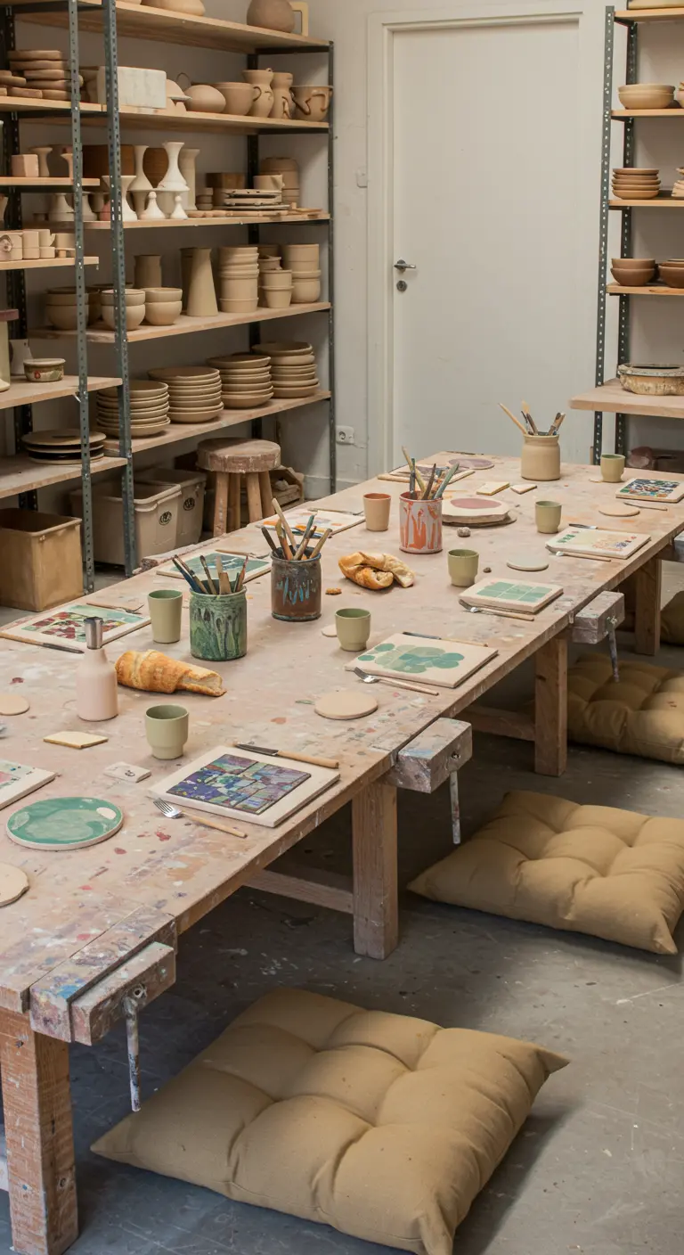 Table d'atelier de poterie avec des coussins de sol pour s'asseoir.