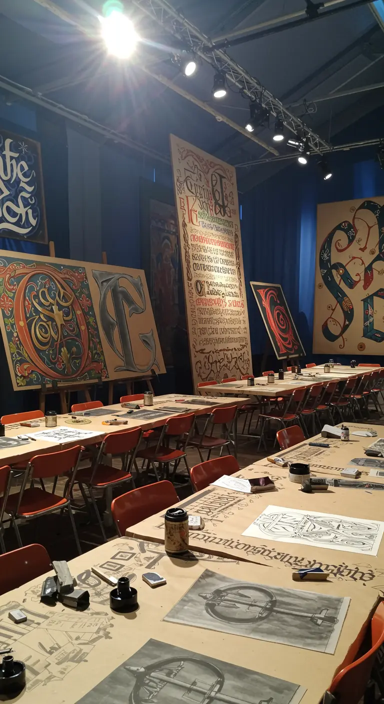 Tables d'atelier de calligraphie avec des œuvres d'enluminure médiévale.
