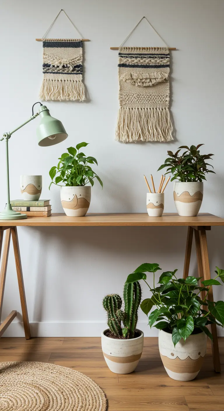 Bureau en bois avec une collection de plantes dans des pots en céramique artisanale.