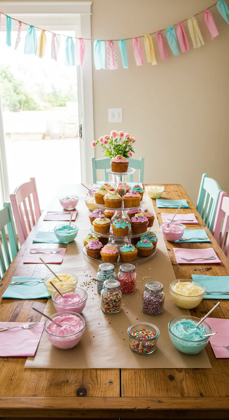 Table d'anniversaire avec un atelier de décoration de cupcakes.
