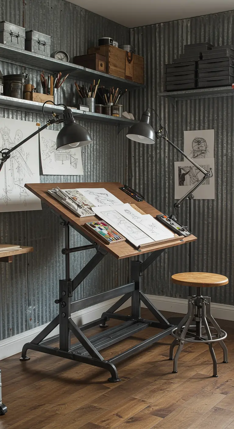Atelier de dessin avec table inclinable, murs en tôle ondulée et lampes d'architecte.