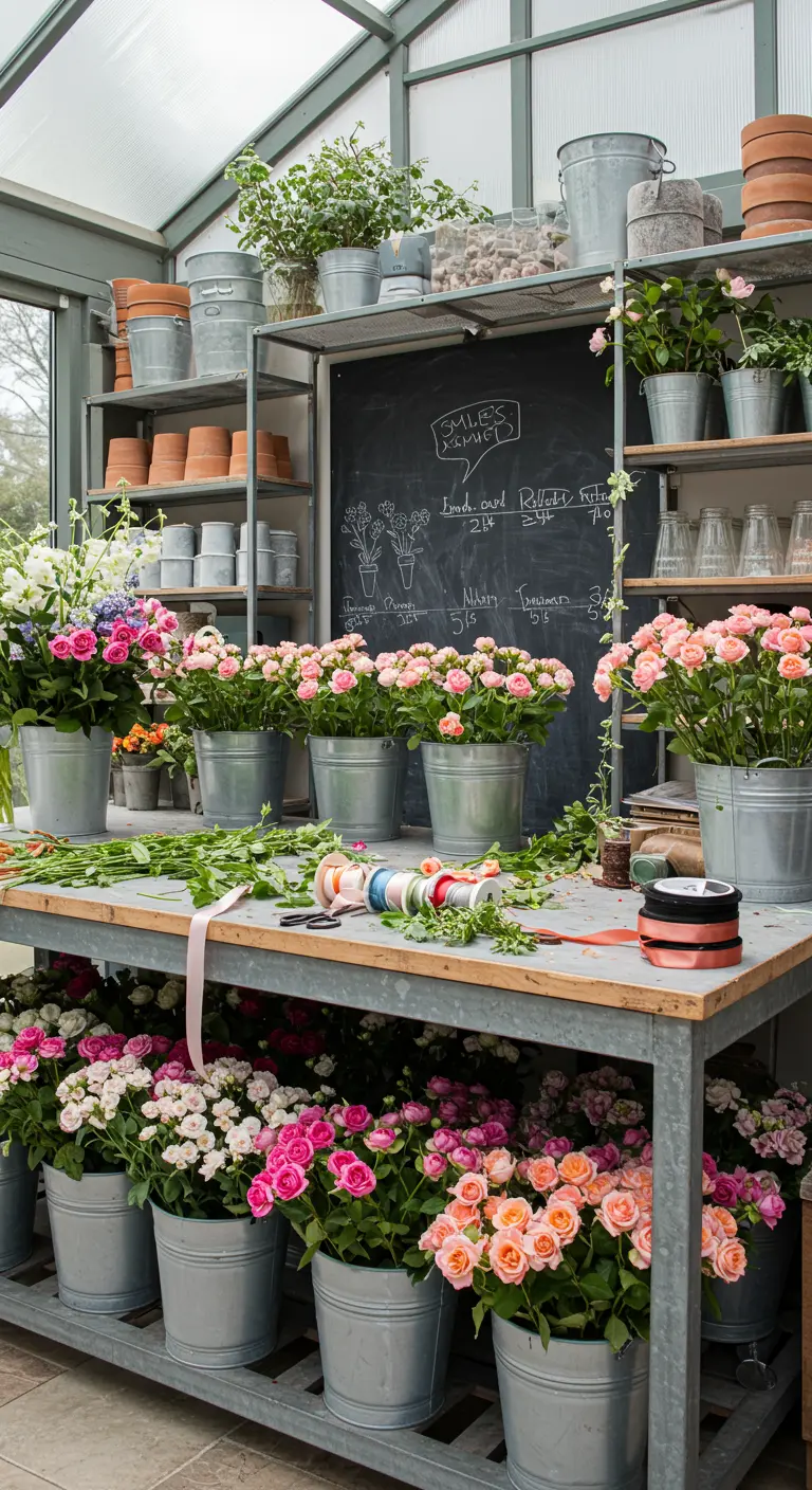 Atelier de fleuriste rempli de seaux de roses, avec un grand tableau noir mural.