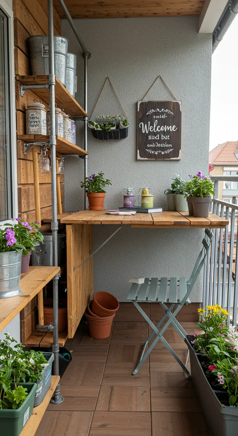 Étagères industrielles et table pliante sur un balcon étroit.