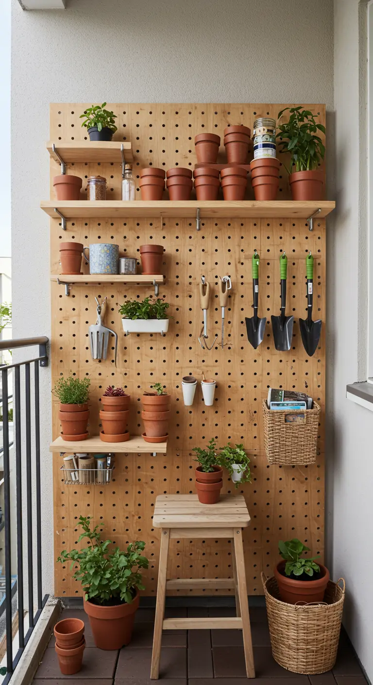 Grand panneau perforé mural pour ranger outils de jardinage et pots.