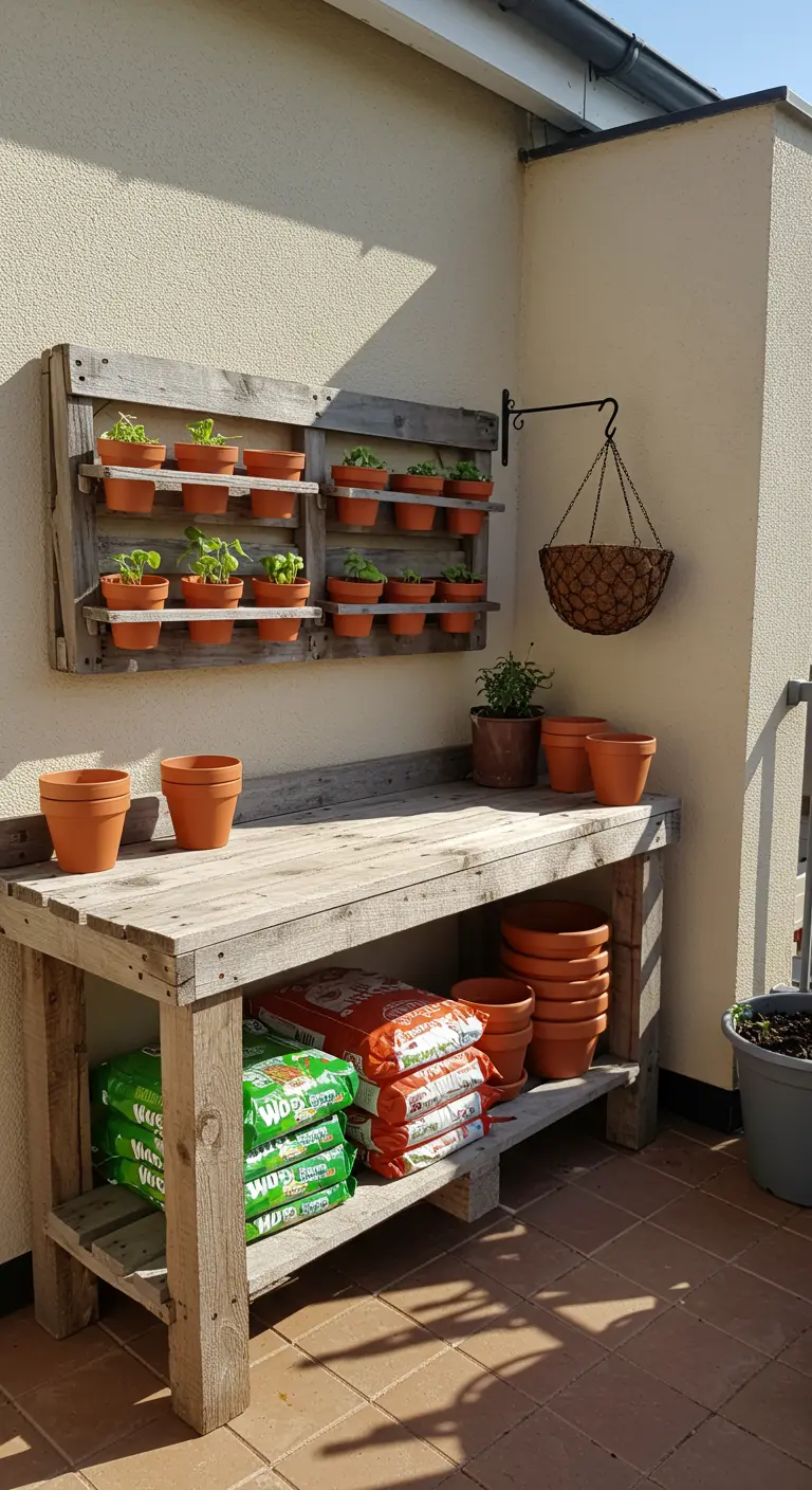 Établi de jardinage et étagère en palettes pour ranger des pots en terre cuite.