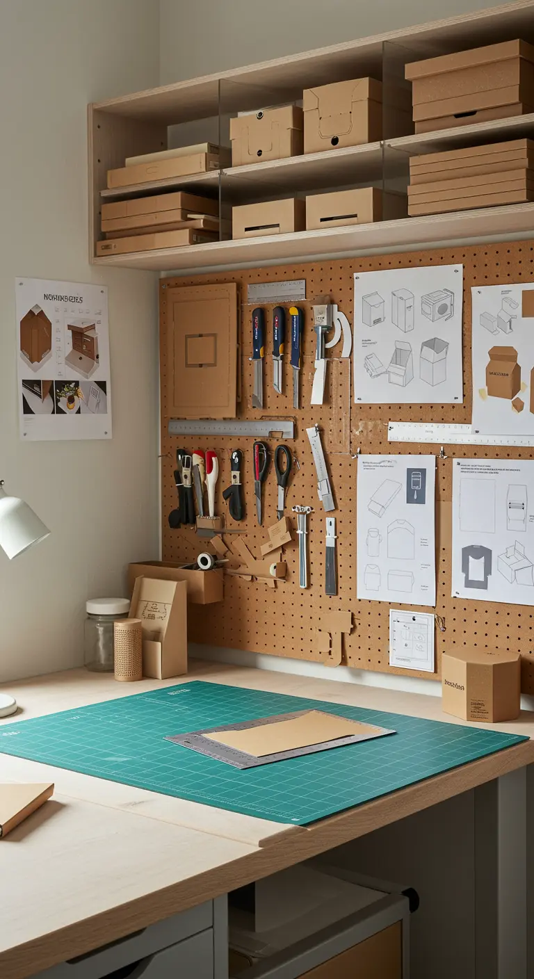 Espace de travail pour designer de packaging avec pegboard et tapis de découpe.