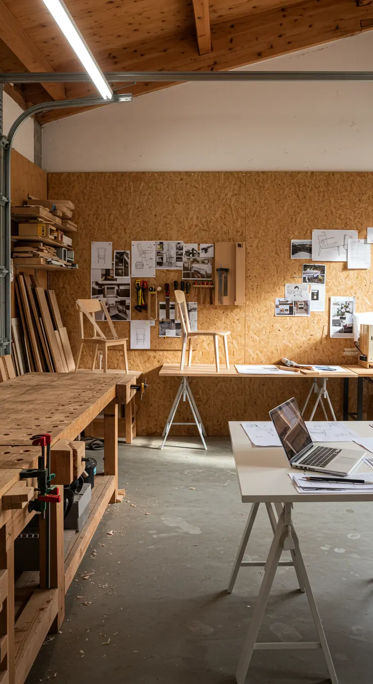 Atelier de designer de meubles avec établi, mur en OSB et prototypes de chaises.