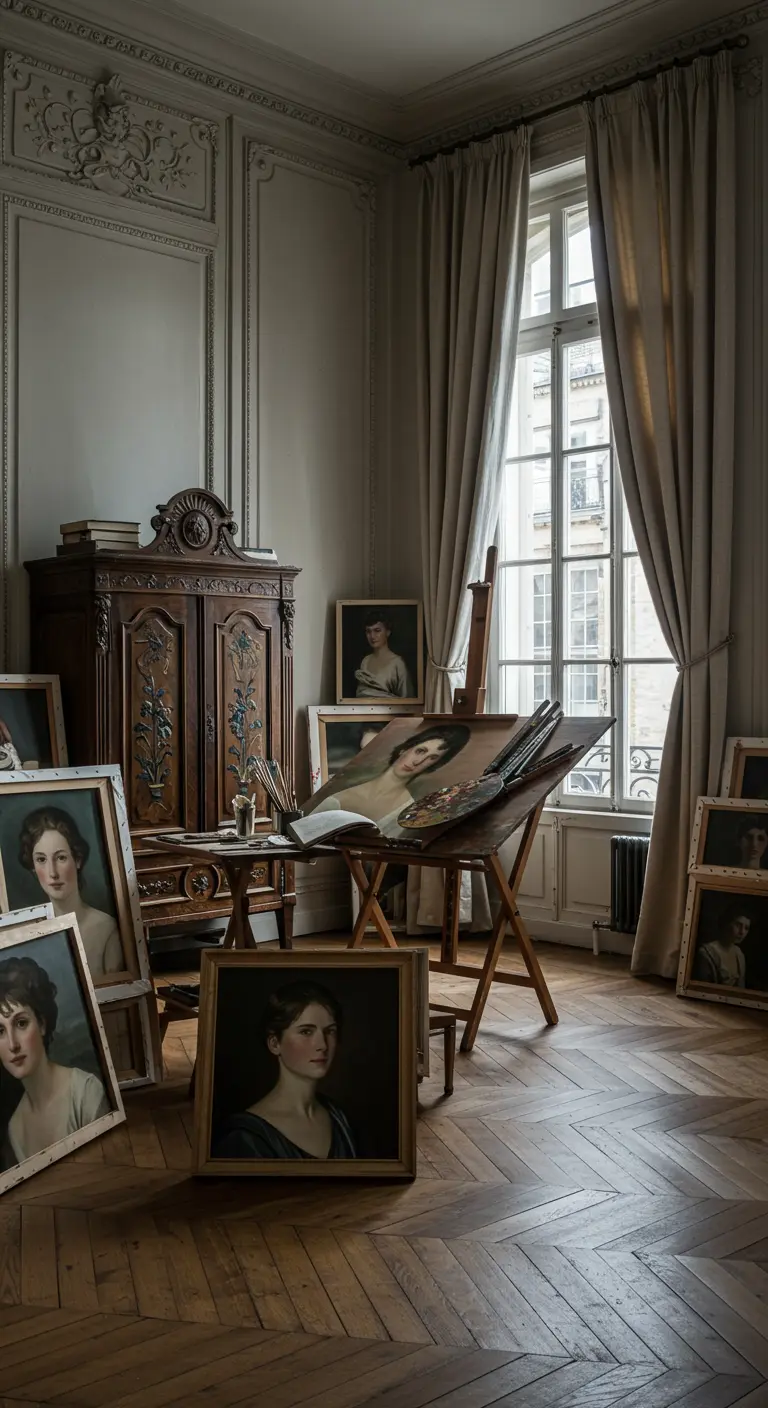 Coin peinture dans un appartement haussmannien, avec un chevalet en bois et des portraits posés au sol.