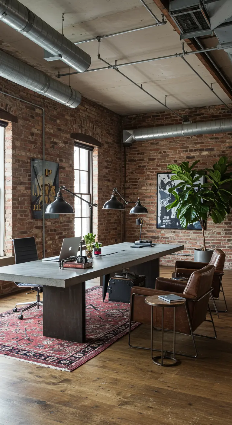 Bureau spacieux en béton dans un loft avec murs en briques et conduits apparents.