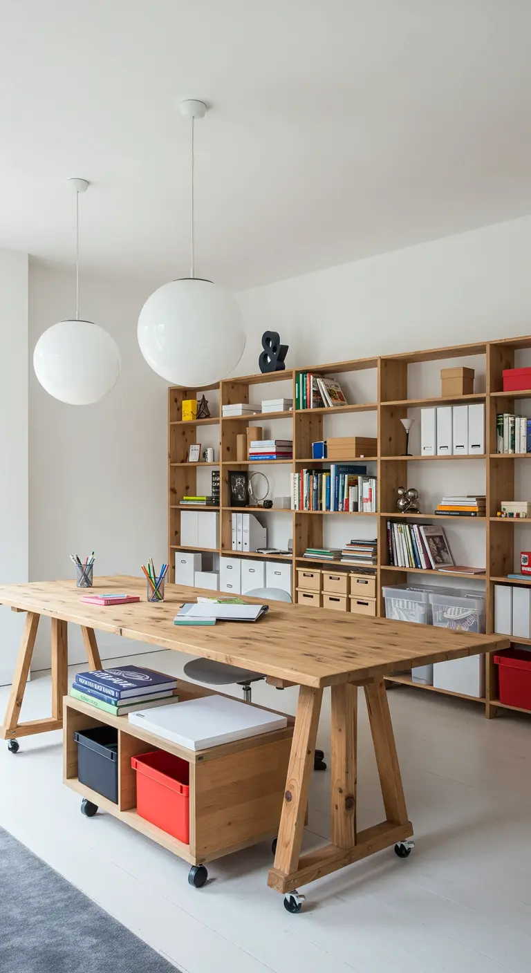 Grande table de bureau en bois sur roulettes dans une pièce avec des étagères ouvertes.