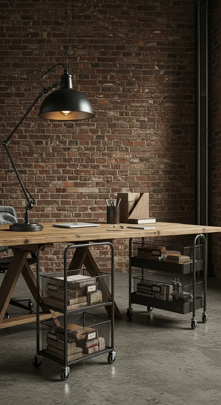 Bureau de style industriel avec des dessertes à roulettes en métal noir pour le rangement.