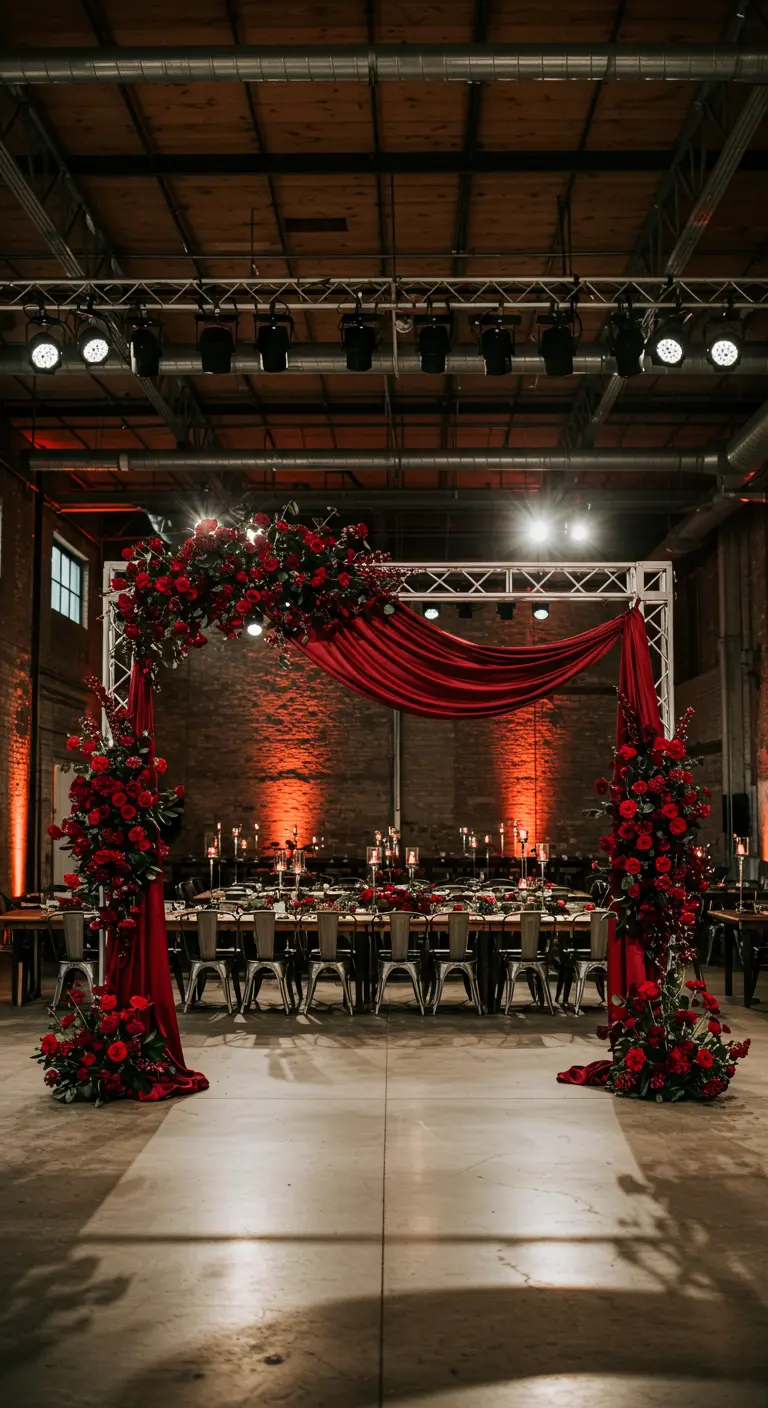 Arche florale rouge et drapée de velours dans un espace industriel avec murs en briques.