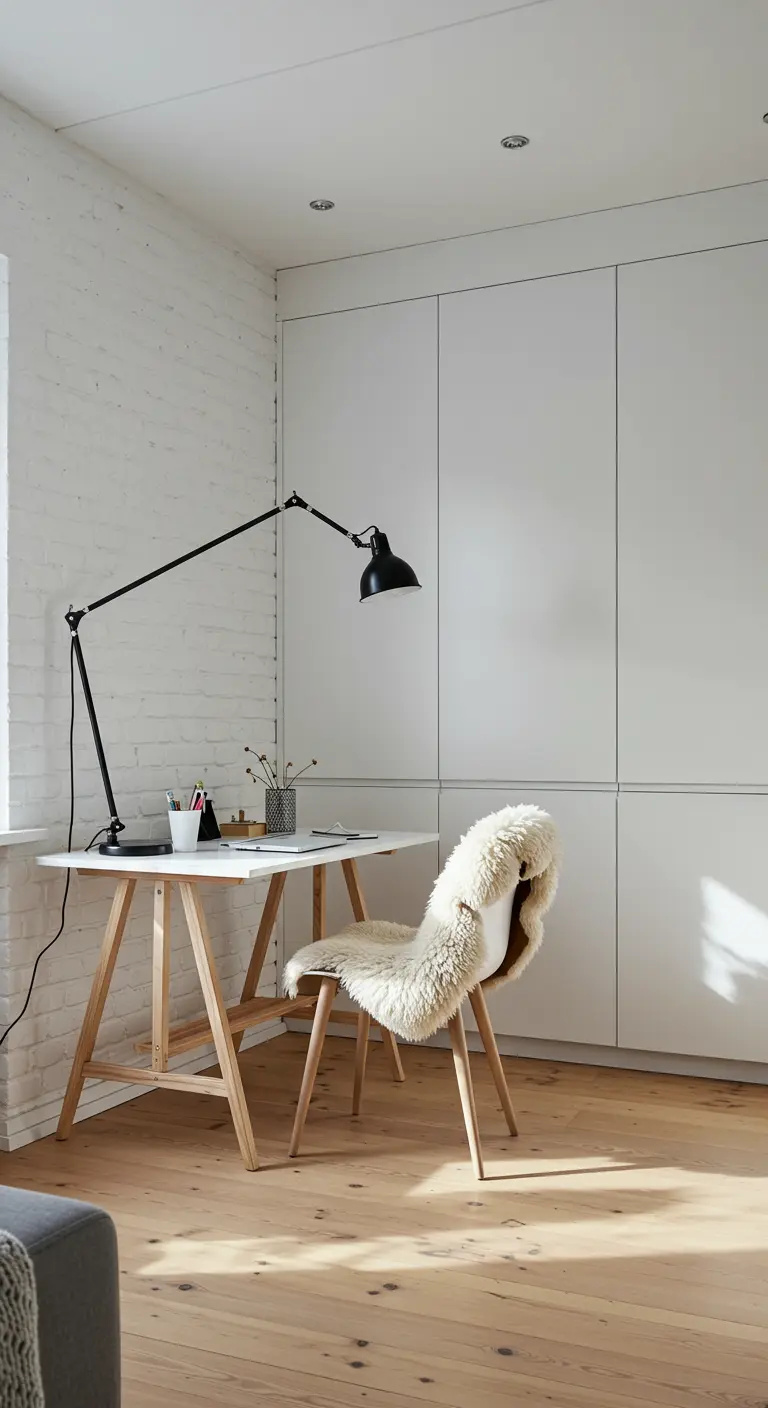 Bureau blanc sur tréteaux en bois, style scandinave avec lampe d'architecte.