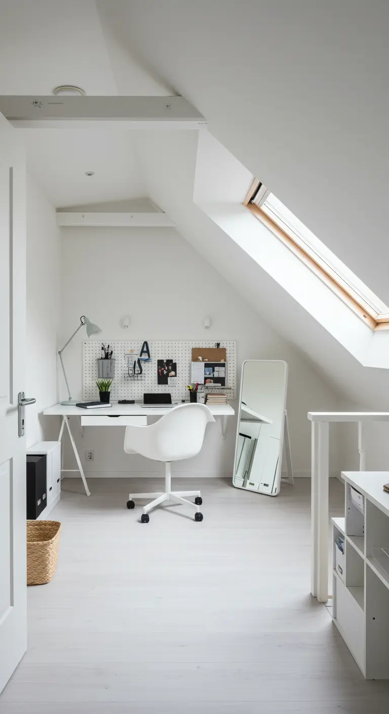 Bureau blanc minimaliste sous les combles avec un panneau perforé et un miroir.