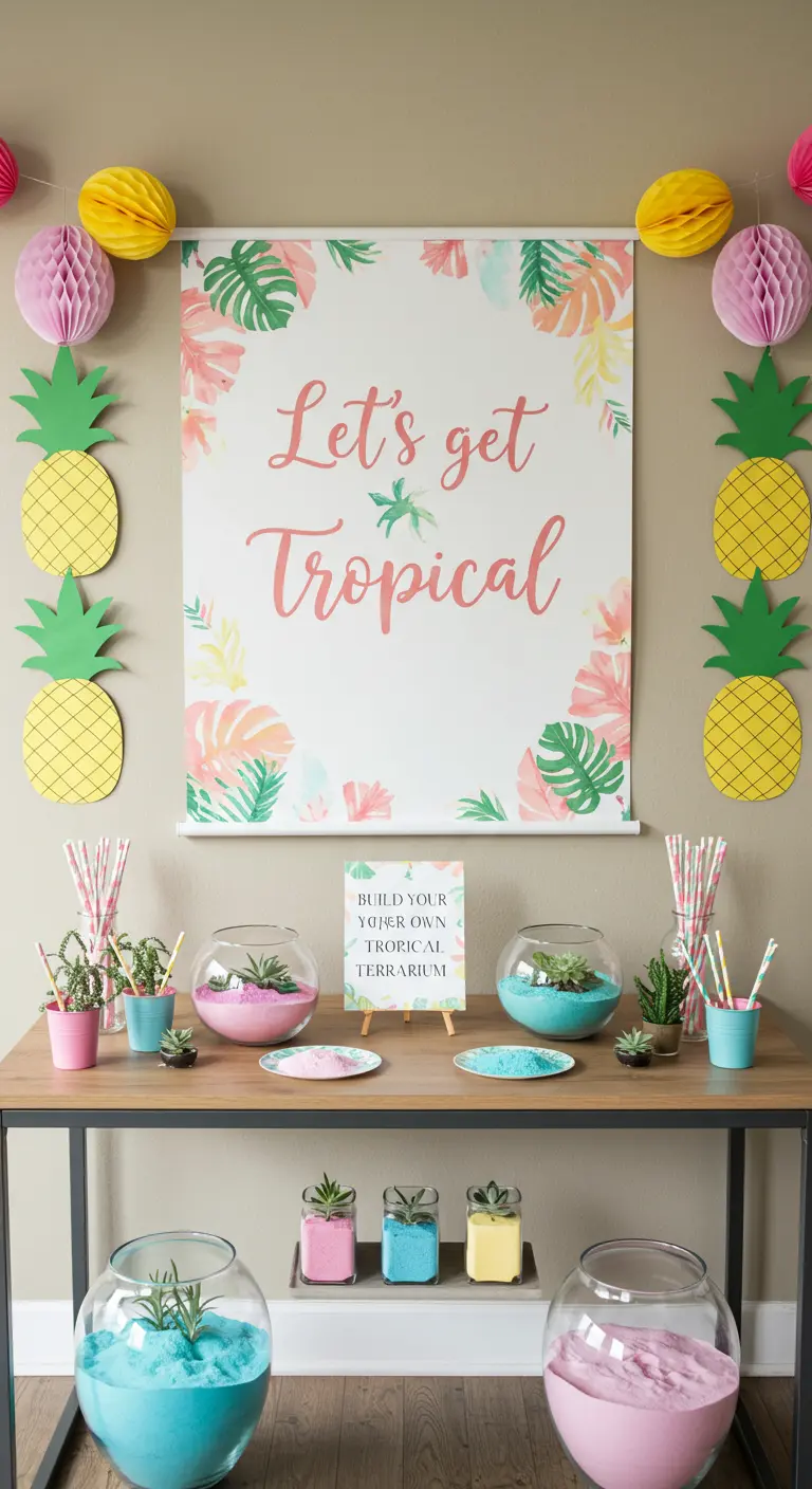 Table d'activité DIY pour créer des terrariums avec du sable coloré pastel.