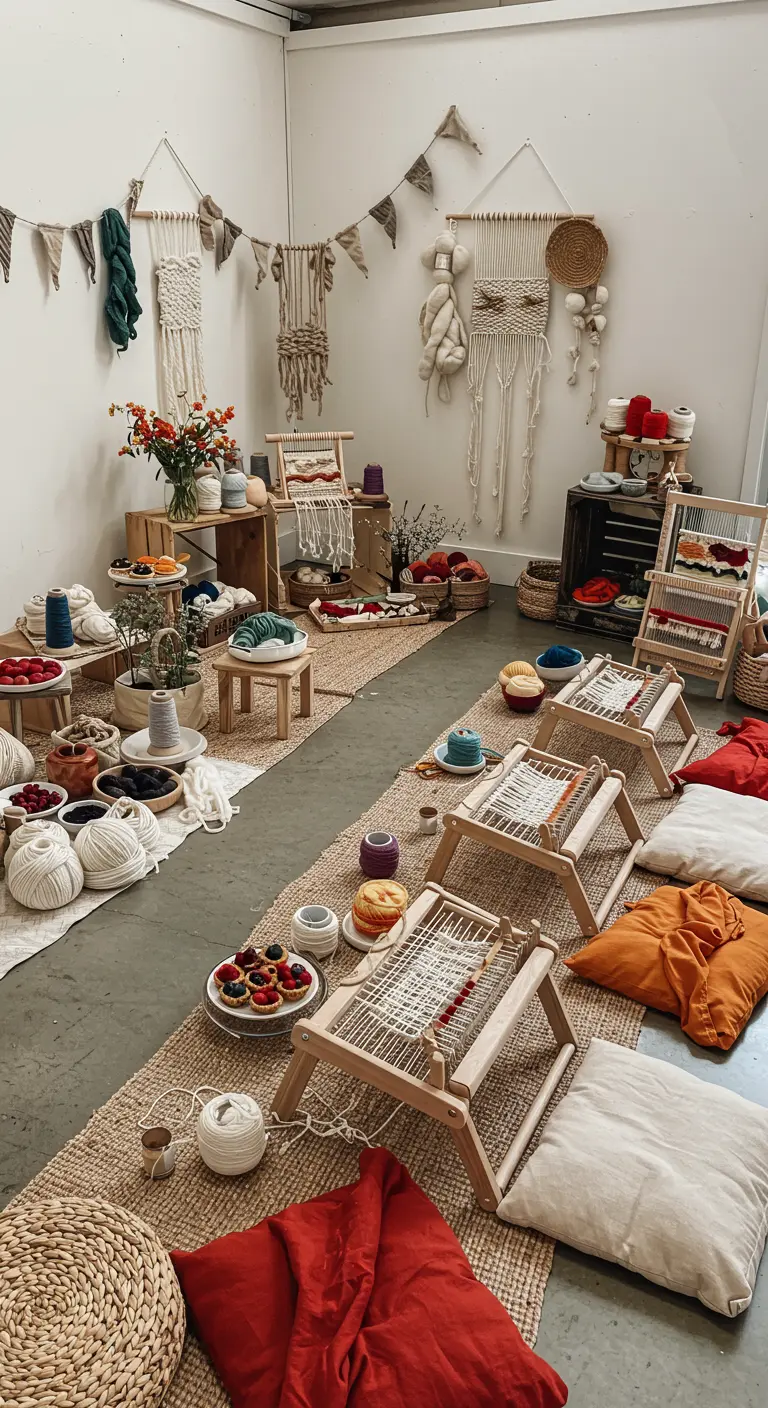 Atelier de tissage pour enfants avec petits métiers à tisser, laines et coussins au sol.