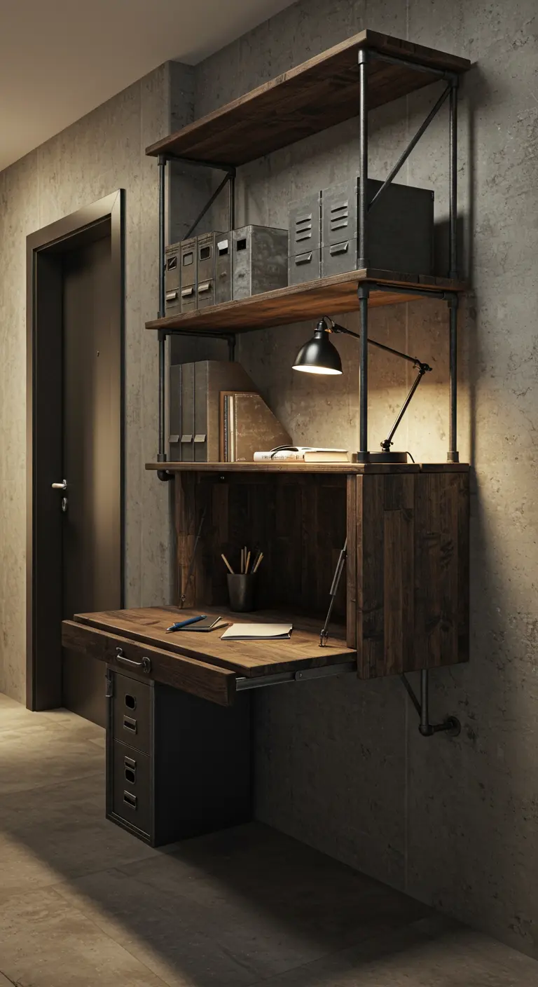 Bureau mural rabattable de style industriel avec étagères en tuyauterie et bois sombre.