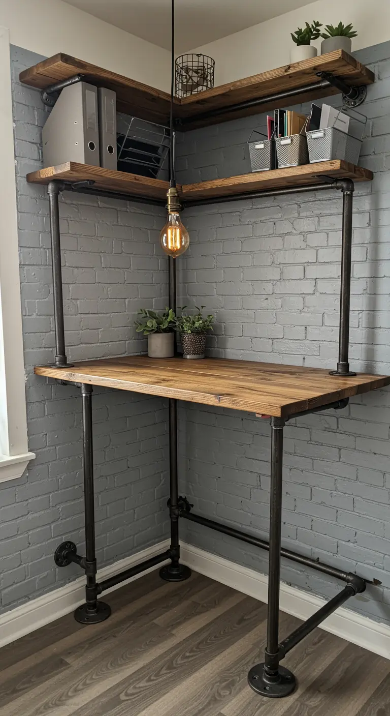 Bureau d'angle de style industriel en tuyaux métalliques et planches de bois.