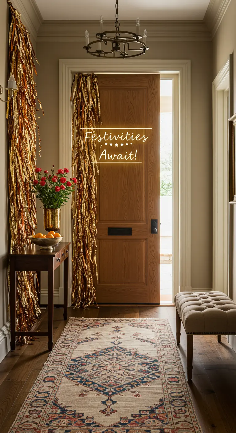Porte en bois avec rideaux de franges dorées et néon 