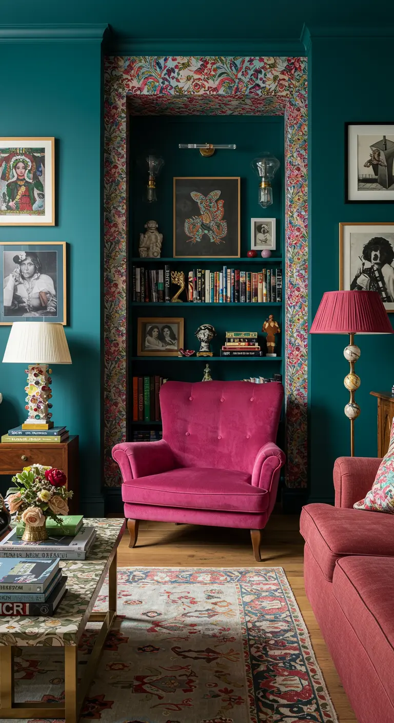 Coin lecture maximaliste avec murs turquoise et fauteuil en velours rose fuchsia.