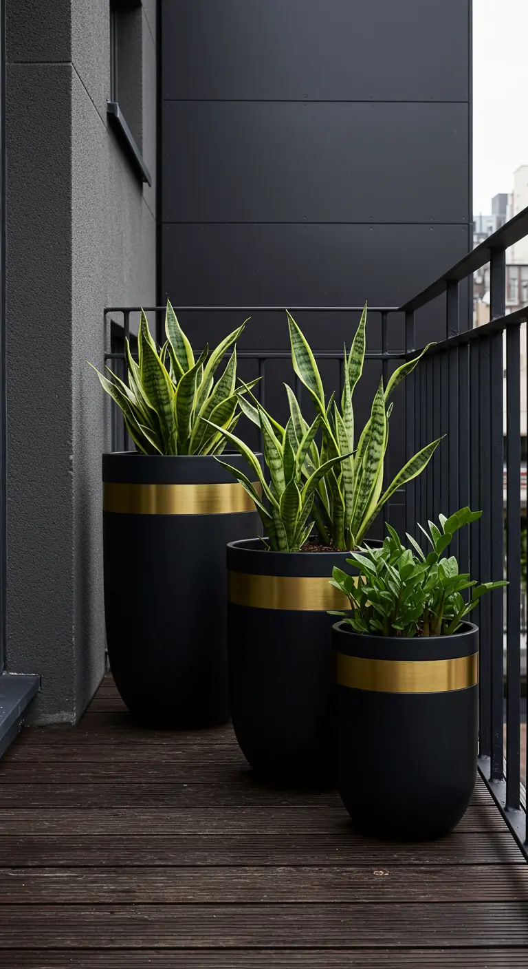 Pots noirs mats avec bande dorée et plantes graphiques sur un balcon moderne
