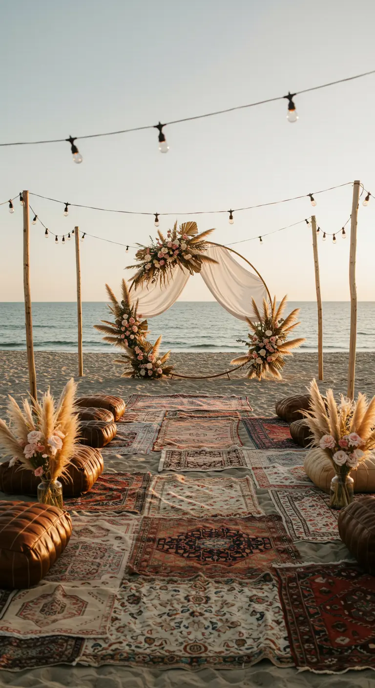 Cérémonie de mariage bohème sur la plage avec arche florale, tapis orientaux et poufs en cuir.