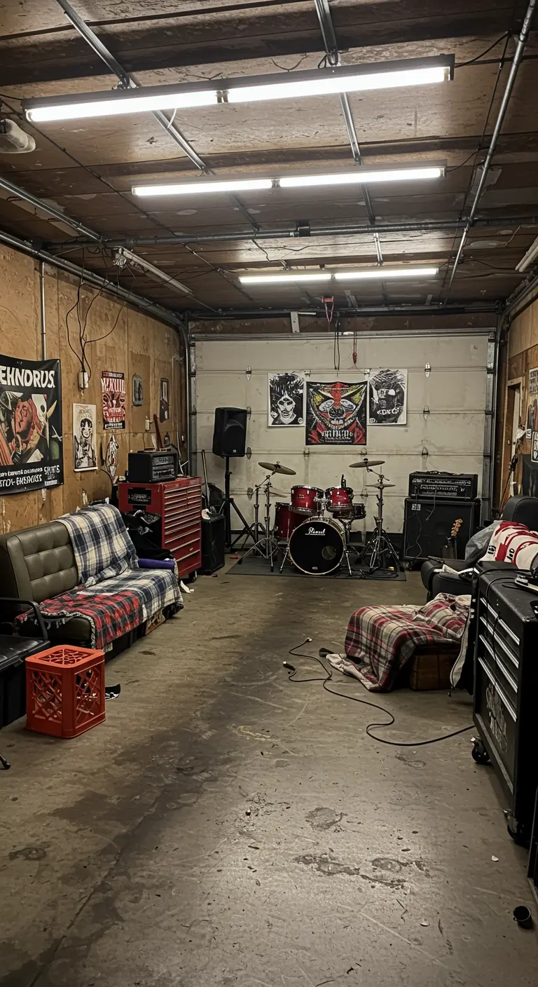 Garage aménagé en salle de répétition avec batterie et canapé.