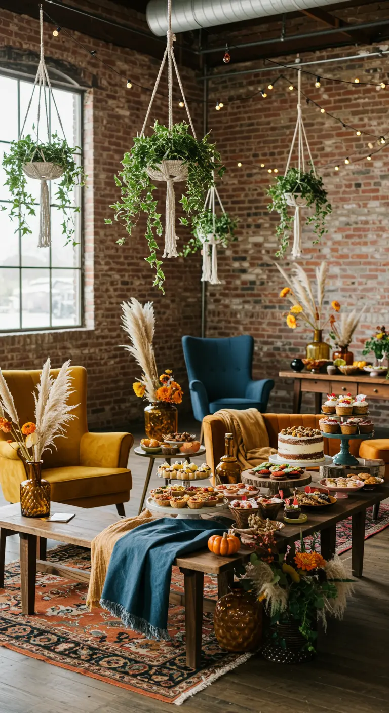 Loft avec mur de briques, plantes suspendues, tapis bohème, fauteuils jaunes et buffet de desserts.