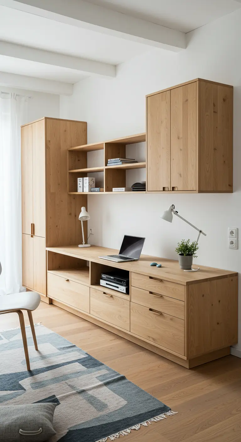Grand ensemble de bureau et rangements muraux sur mesure en chêne naturel.