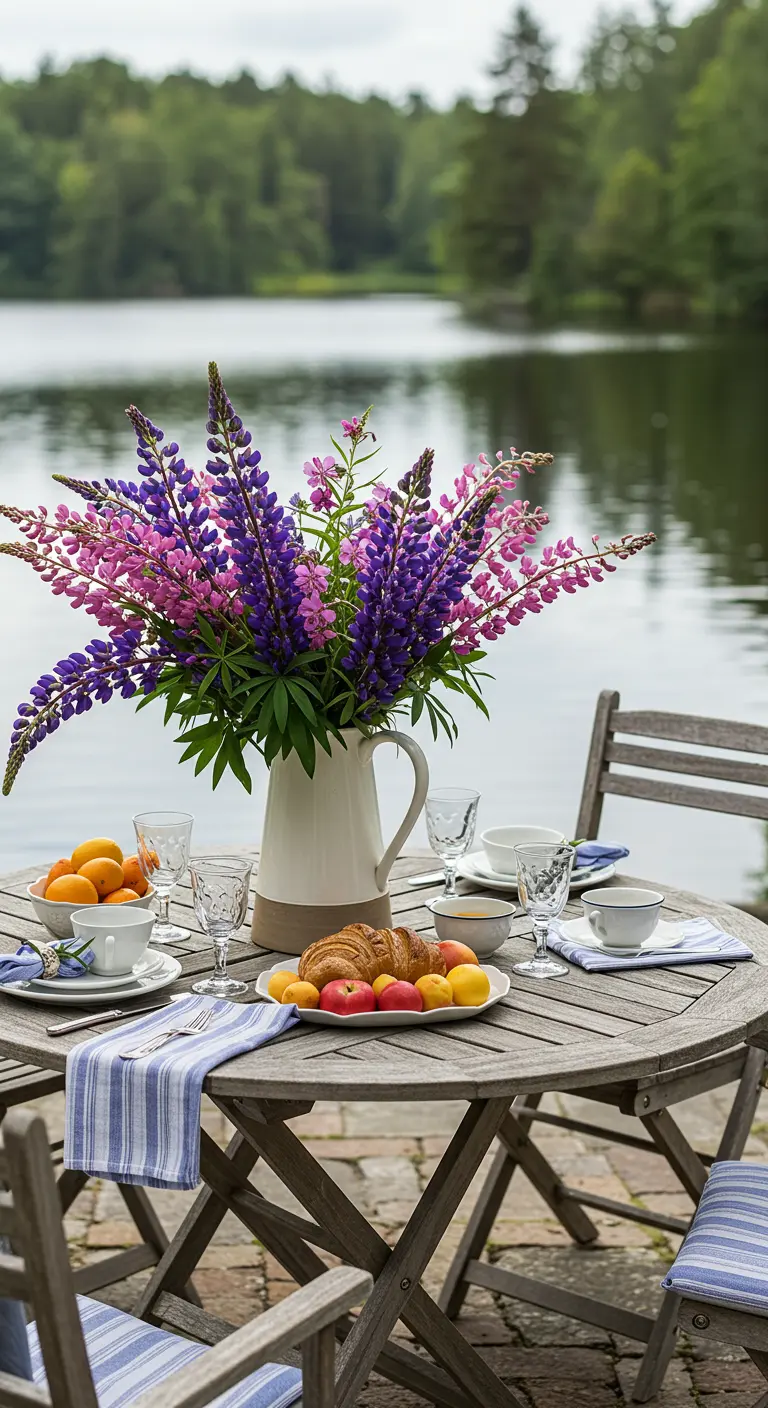 Pichet de lupins violets et roses sur une table de petit-déjeuner au bord d'un lac.